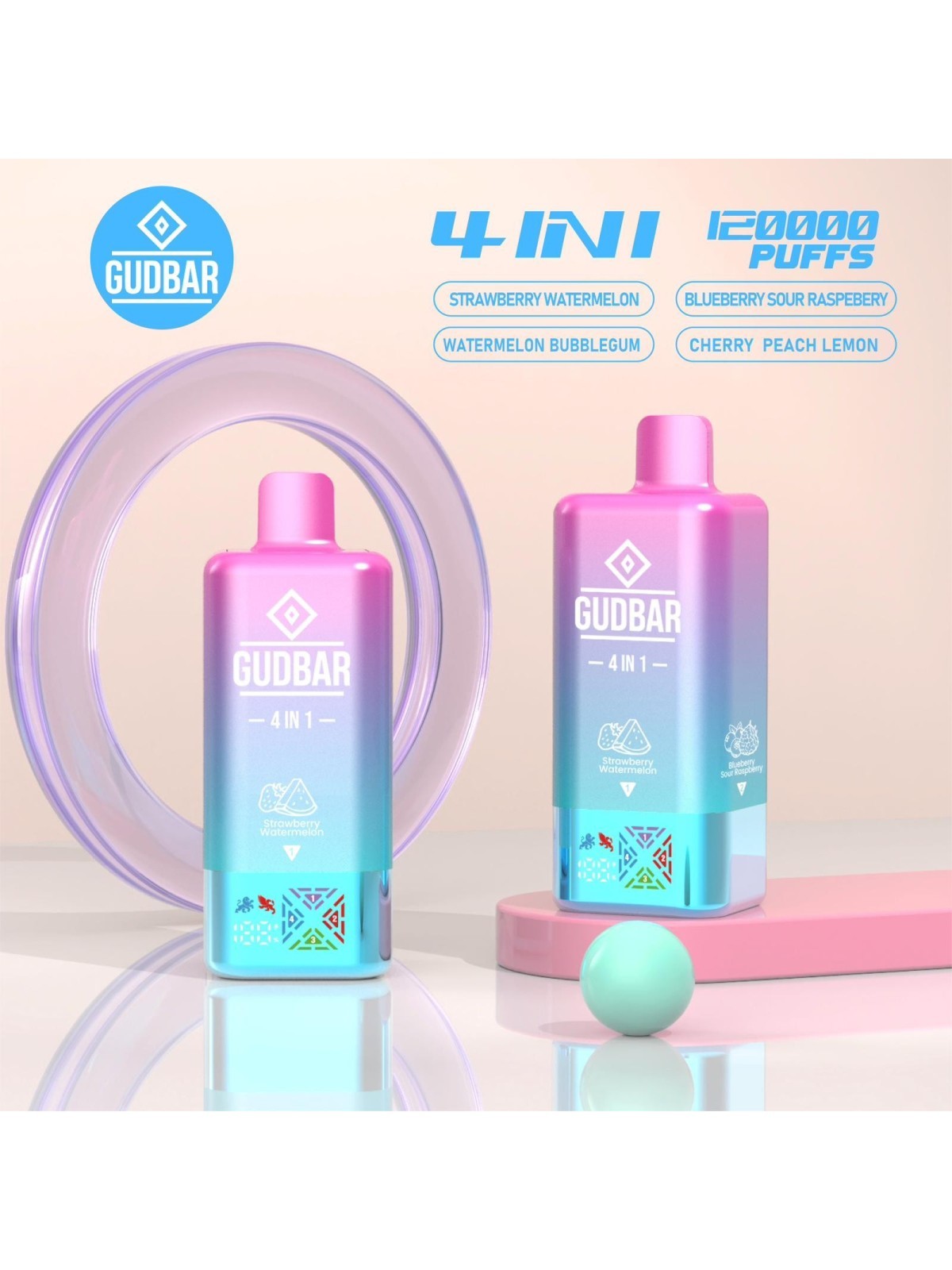 STRAWBERRY WATERMELON BLUEBERRY SOUR RASPBERRY WATERMELON BUBBLEGUM CHERRY 4 IN 1 120000 PUFFS (SIN NICOTINA) - GUDBAR
