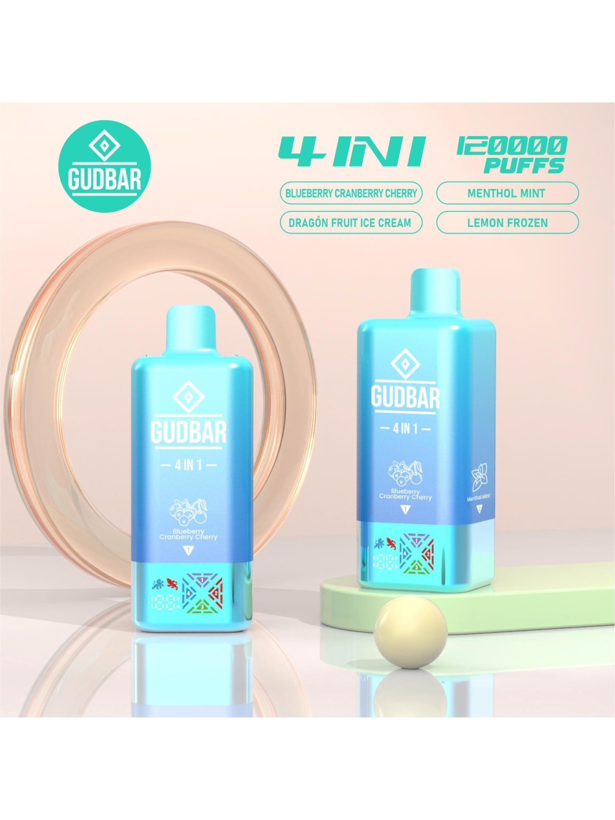 BLUEBERRY CRANBERRY CHERRY MENTHOL MINT DRAGON FRUIT ICE CREAM LEMON FROZEN 4 IN 1 120.000 PUFFS (SIN NICOTINA) - GUDBAR